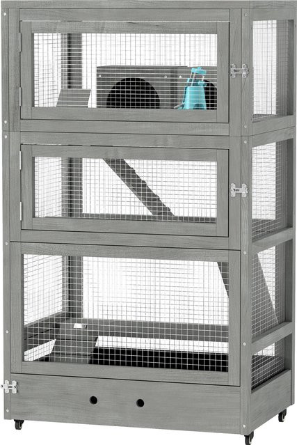 PawHut Zwerghamsterkäfig aus Holz in Grau mit Zubehör und Rollen, B/T/H: 65 x 45 x 109 cm - Bild 1