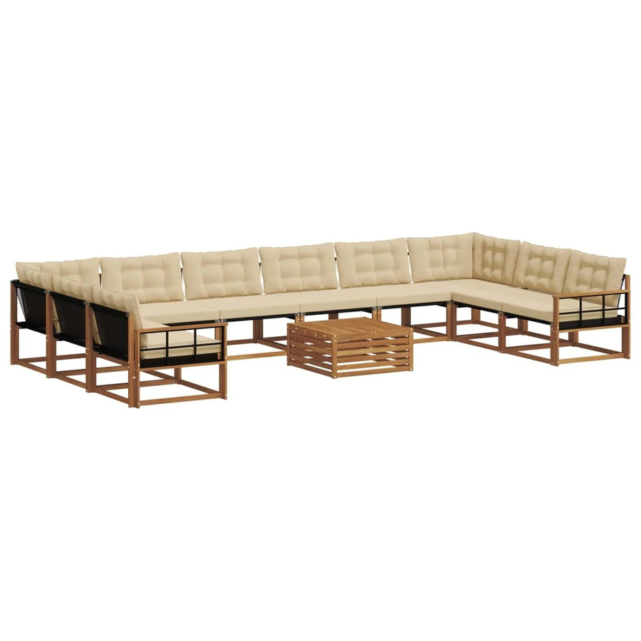 vidaXL Outdoor-Sofagarnitur aus Akazienholz in U-Form mit Textilene-Bezug und Kissen, 11-teilig, Natur und Beige - Bild 2