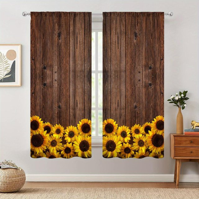 2er-Set Sonnenblumen-Vorhänge mit 3D-Druck, halbtransparente Blumen-Fensterdekoration mit Stangentasche, Mehrfarbig, Breite: 50 cm, Höhe: 130 cm - Bild 1