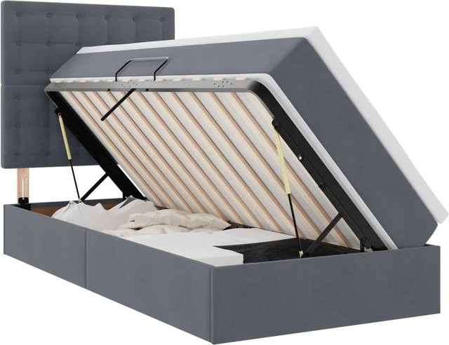 vidaXL Bett mit Stauraum und LED in Dunkelgrau aus Samt, B/T/H: 90 x 200 x 128 cm - Bild 1