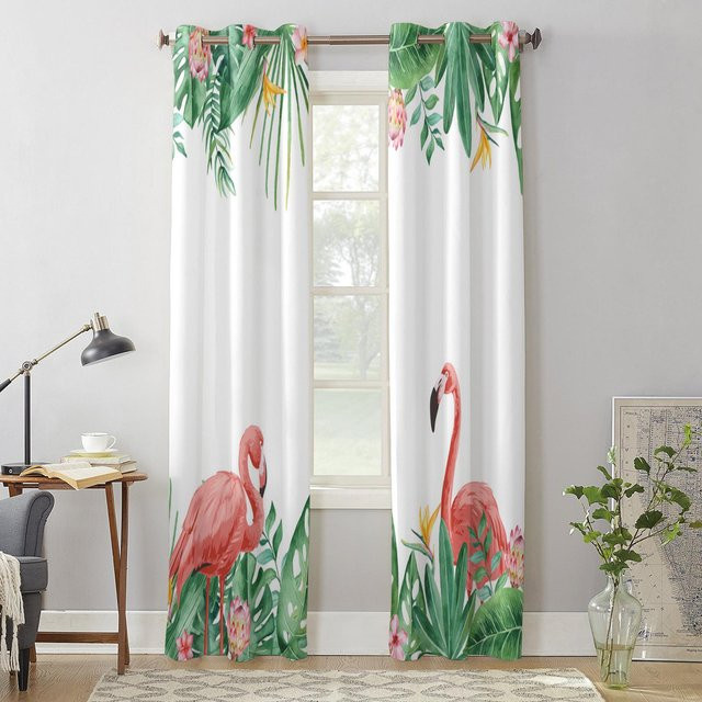 Super Six Vorhänge mit tropischem Flamingo- und Palmblatt-Design, Farbe: Weiß, B/H: 135 x 60 cm - Bild 1