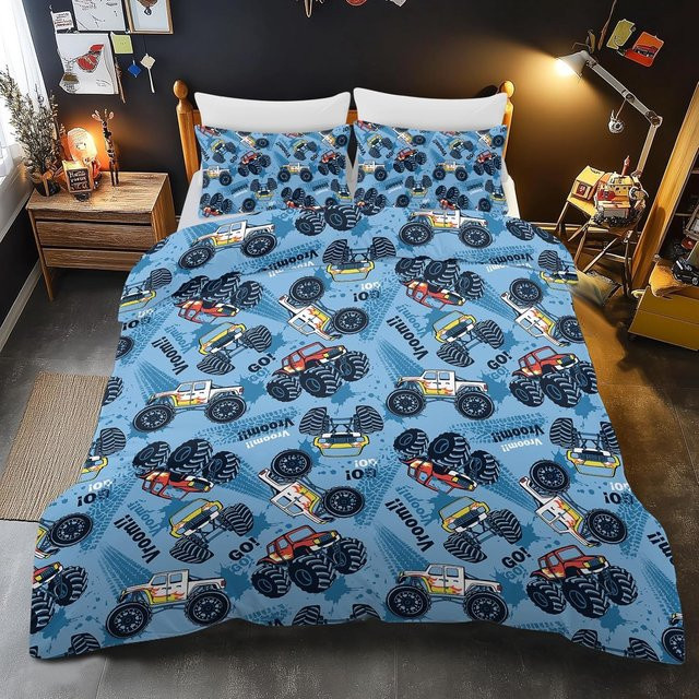 Flylo Monster Truck Bettwäsche-Set aus weicher Mikrofaser mit 3D Cartoon Anime Druck in Blau, bestehend aus Bettbezug und Kissenbezug, Breite: 70 cm, Länge: 133 cm - Bild 1