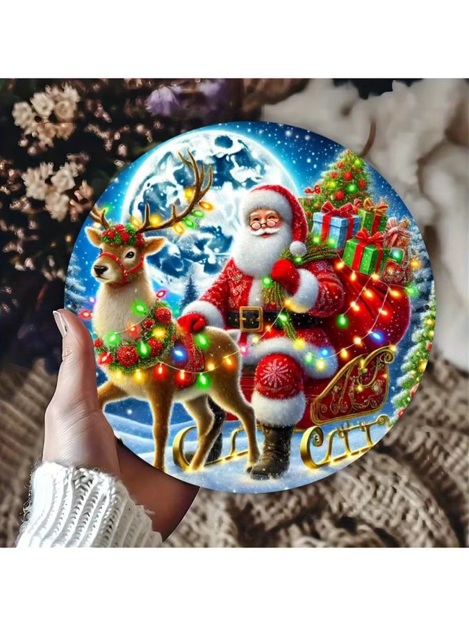 Rundes Metallschild Potdemiel mit Weihnachts-Rentier-Szene in Multicolor, Durchmesser: 20,3 cm - Bild 5