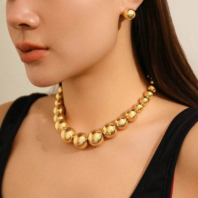 PuRui Schmuck-Set, Halskette, Ohrstecker, Gold, Perle, Damen, Vintage - Bild 1