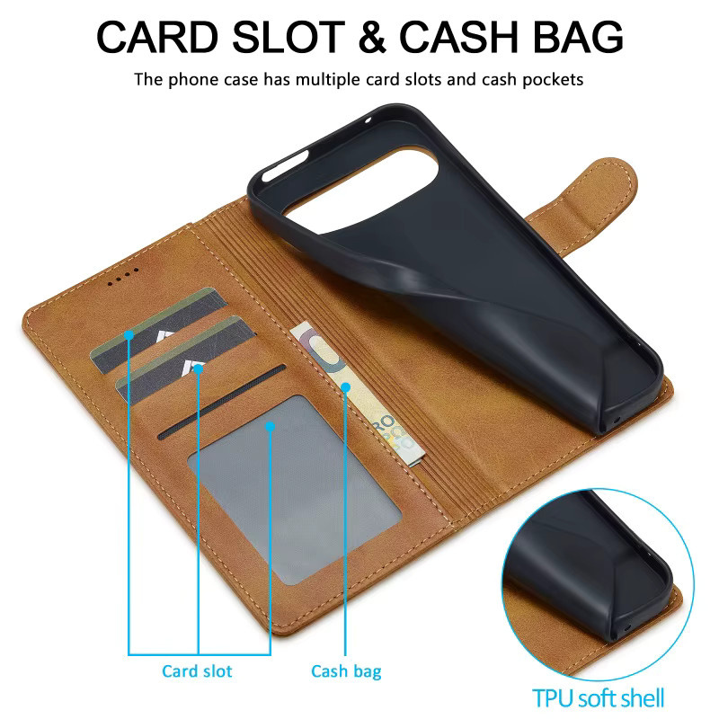 EUCAGR Magnetische Flip Brieftasche Schutzhülle für Google Pixel 10 10 Pro XL 9 8 7 6 mit Kartenhalter in Braun - Bild 3