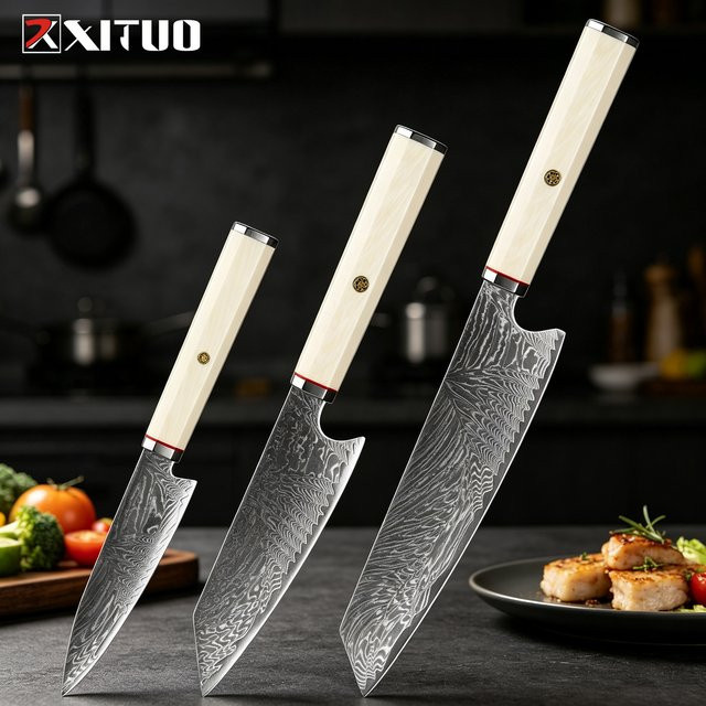 XITUO Kiritsuke Schälmesser Set aus Damaszener Stahl mit weißem achteckigem Griff - Bild 1
