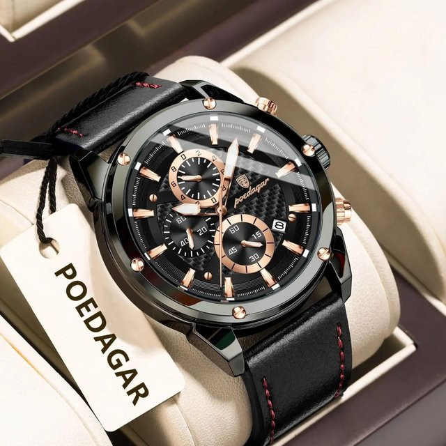 POEDAGAR Armbanduhr, Chronograph, Quarz, Leder, Schwarz, Herren - Bild 1