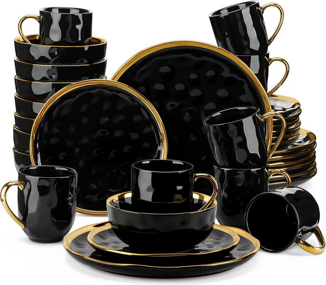 LOVECASA Geschirrset aus schwarzem Porzellan mit Goldverkleidung, Keramik-Set bestehend aus Tellern, Desserttellern, Tassen und Schüsseln - Bild 1