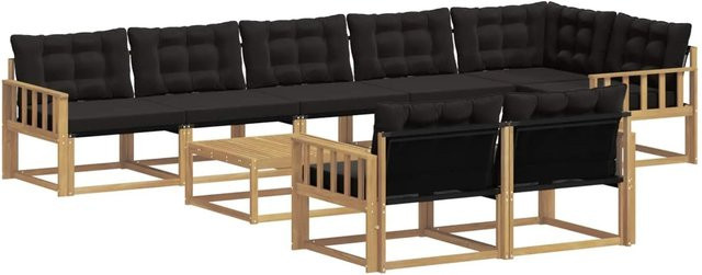 vidaXL Outdoor-Sofagarnitur aus Akazienholz und Textilene in Weiß-Schwarz, 9-teiliges L-Shape Set mit Armlehnen und Kissen, B/T/H: 79 x 79 x 37 cm - Bild 1