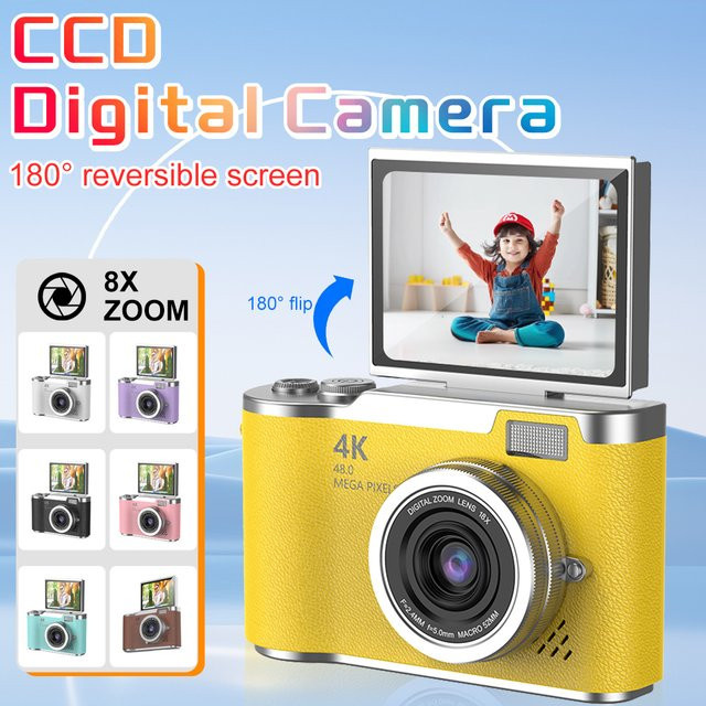 Ourlife Digitalkamera mit 8X Digitalzoom und 180 Grad Klappbildschirm für Vlogs und Selfies, Kompakte Videorecorder für Kinder in Schwarz und Gelb - Bild 1