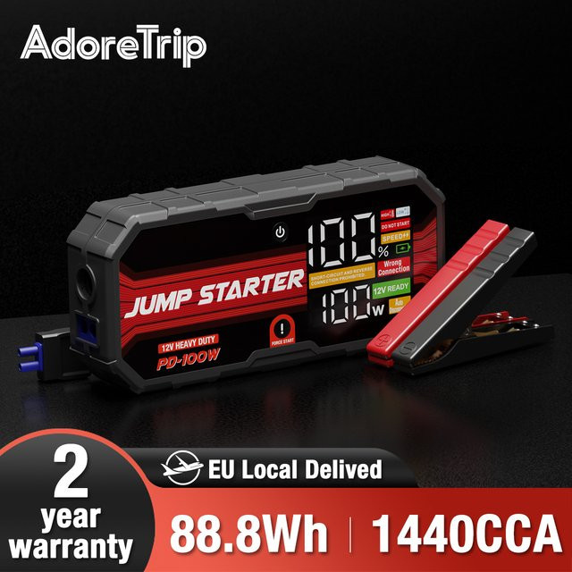 AdoreTrip 12V Auto-Starthilfe Powerbank mit PD 100W Schnellladung und LCD-Display in Schwarz - Bild 1