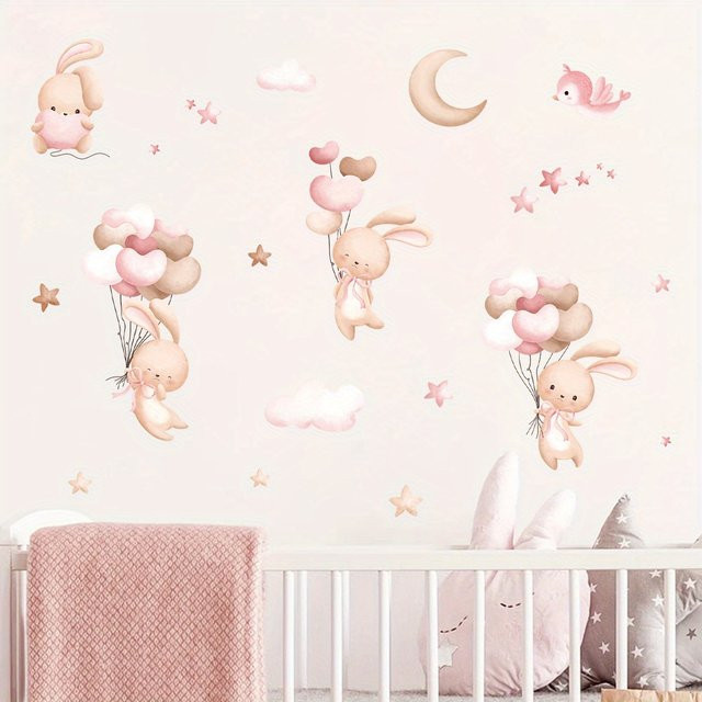 BRUP Wandaufkleber mit niedlichem Kaninchen und Ballon Motiv, mehrfarbig, abnehmbar und wiederverwendbar, ideale Wanddekoration für Kinderzimmer und Wohnzimmer - Bild 1