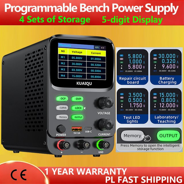 KUAIQU Programmierbare DC-Bench-Stromversorgung mit 4 Speichern, 5-Bit-Hochpräzisionsanzeige, μA-Strommessung, Low Ripple und OCP/OVP-Schutz, Schwarz, 30V - Bild 1