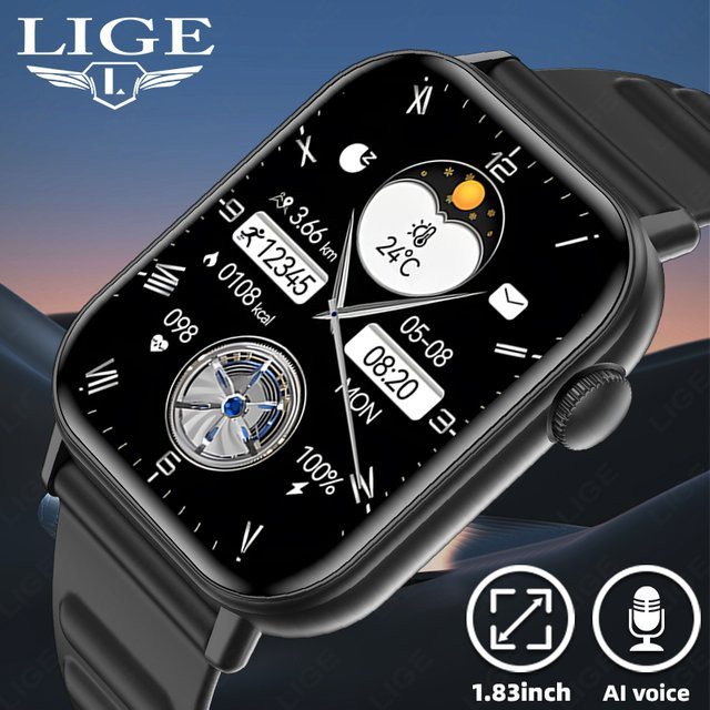 LIGE Smartwatch, 1,83 Zoll, Schwarz, Silikon, Herren - Bild 1