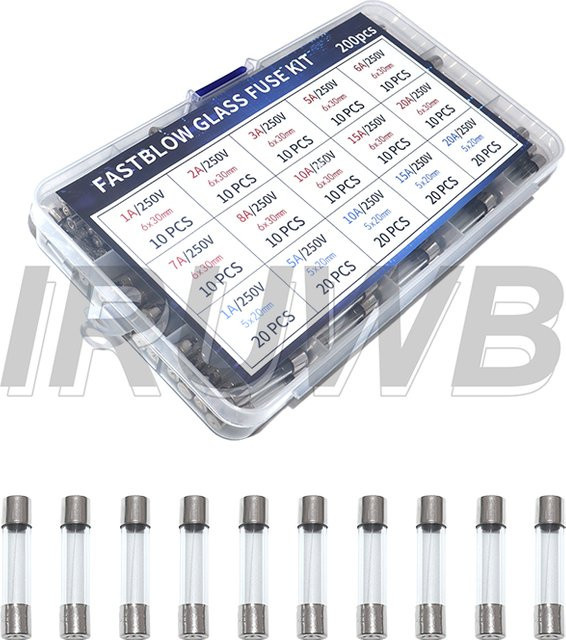 IRUWB Glasrohrsicherungen Sortimentssatz, 200 Stück, flinke Glassicherungen in 15 Werten, transparent, Maße: 5 x 20 mm und 6 x 30 mm, 250 V - Bild 1