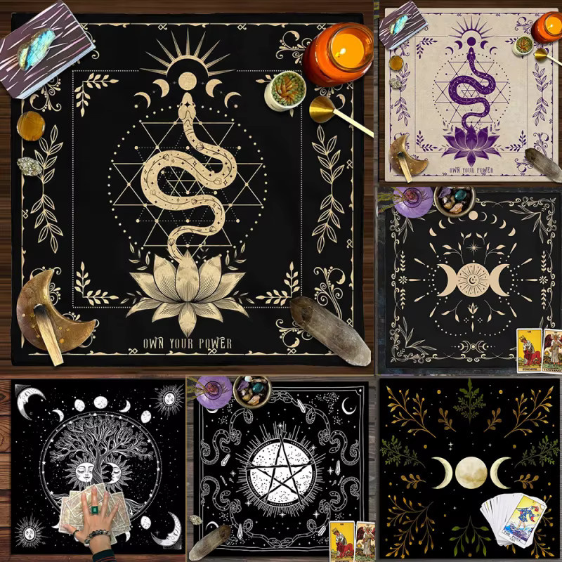 VIKAMA Altartuch Drei-Mond-Tarot-Karten in Schwarz-Gold, minimalistisches Sternen- und Mond-Zeremonientuch für Meditation und Hexerei - Bild 2