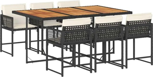 vidaXL 7-teilige Garten-Essgruppe aus PE-Rattan und Akazienholz in Schwarz mit Kissen in Cremeweiß - Bild 1