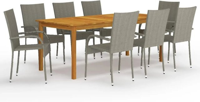 vidaXL 9-tlg Garten-Essgruppe Modell 4 aus Akazien-Massivholz und PE-Rattan in Grau - Bild 1