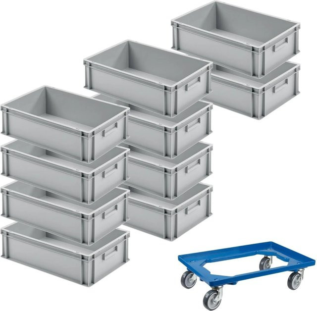 PROREGAL SparSet aus 10 Eurobehältern mit geschlossenem Griff und 1 Transportroller, Blau, H x B x T: 17,5 x 40 x 60 cm, 30 Liter - Bild 1