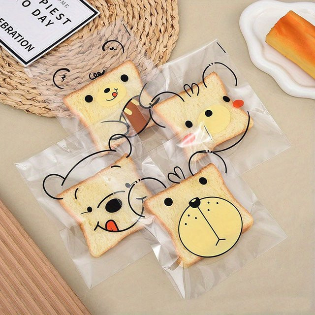 100 Stück Selbstklebende OPP Lebensmittelverpackungstaschen mit Cartoon Bär Motiv für Donut und Gebäck, Transparent - Bild 1