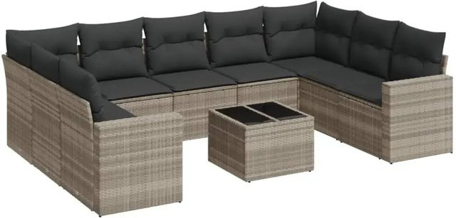 vidaXL 10-teilige Garten-Sofagarnitur aus Poly-Rattan mit Kissen in Hellgrau - Bild 1