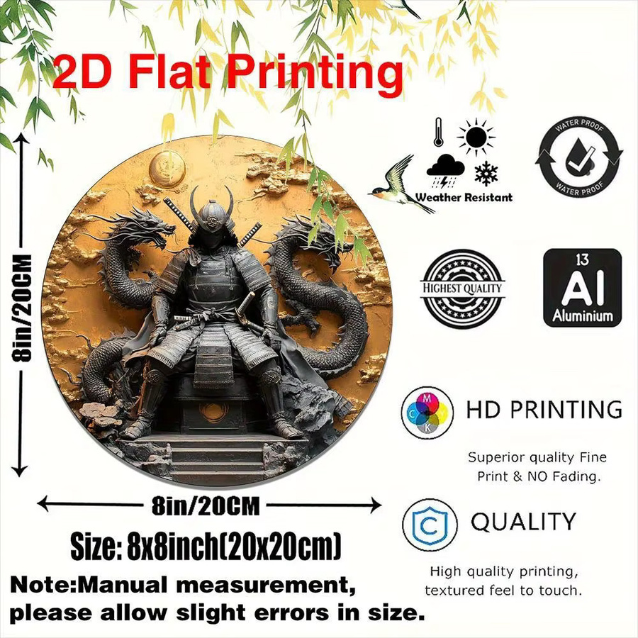 CIFBUY Samurai-Drachen Metall-Wandkunst, rundes Aluminiumschild im Vintage-Stil, Durchmesser: 20,3 cm, Mehrfarbig - Bild 2