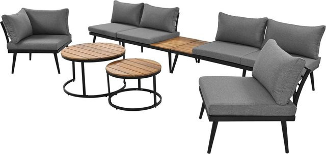 okwish Gartenlounge-Set für 5-6 Personen aus Akazienholz und Metall, 6-teilige Gartenmöbel-Essgruppe in Grau - Bild 1