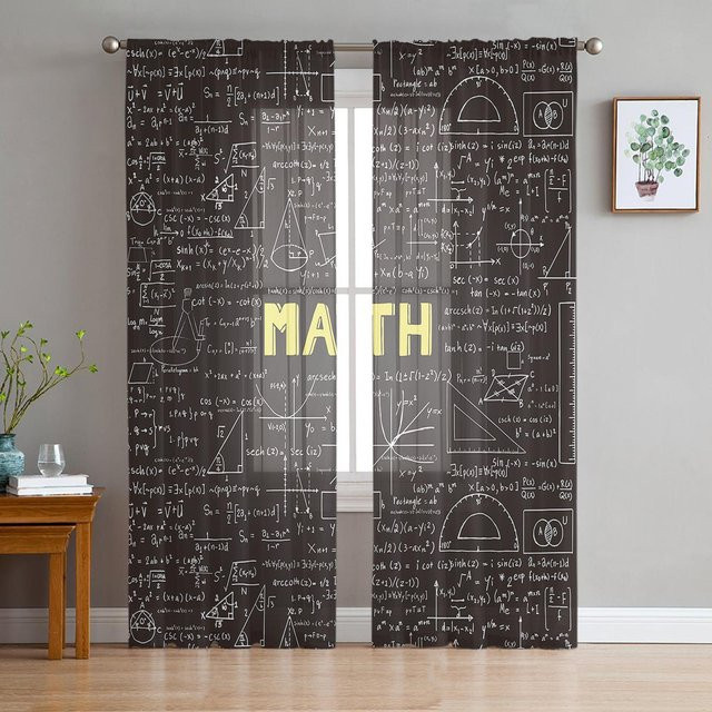 Transparente Tüll-Vorhänge mit mathematischem Gleichungs-Design in Grau, Material: Polyester, Breite: 135 cm, Höhe: 115 cm - Bild 1