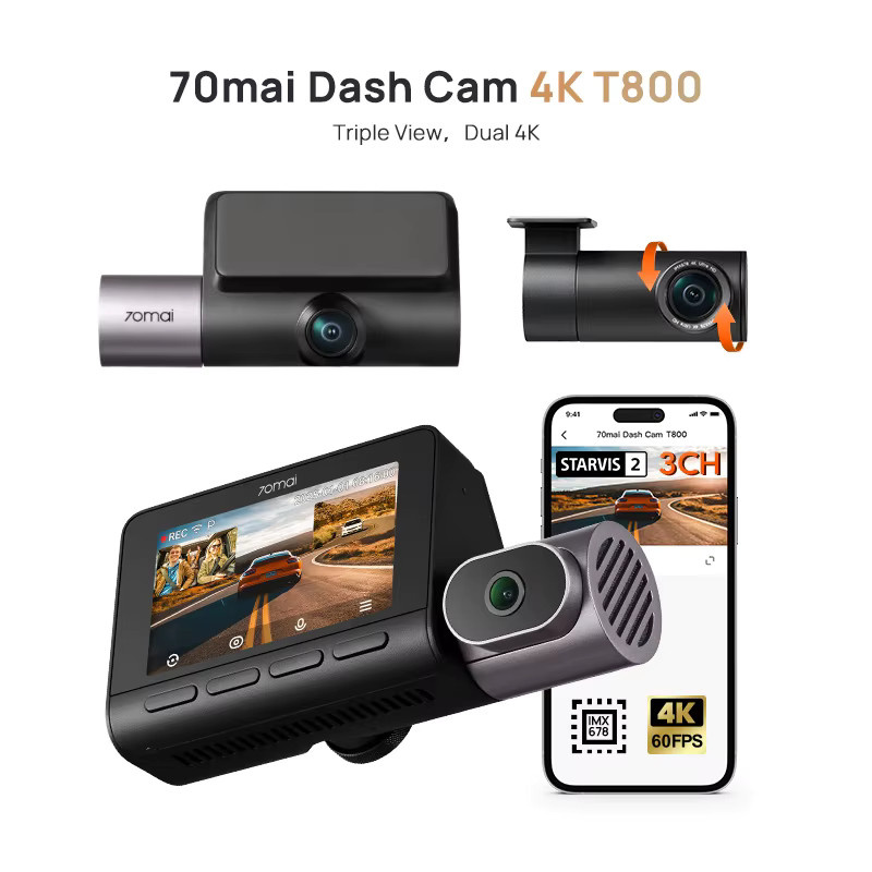 70mai 4K T800 3-Kanal-Dashcam mit Front-, Rück- und Innenkamera, HDR, GPS, ADAS und 24-Stunden-Parküberwachung in Schwarz - Bild 5