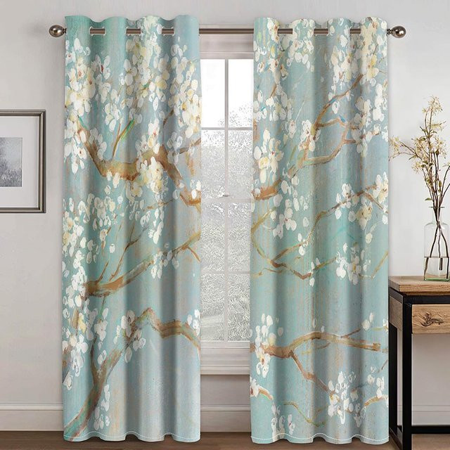 Yiran Furniture Fenstervorhang mit 3D Blumen, Vögeln und Ästen in Grün, Breite: 140 cm, Höhe: 160 cm - Bild 1