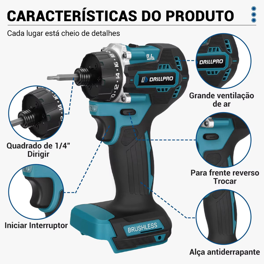 Drillpro Bürstenloser elektrischer Akkuschrauber mit 280 Nm Drehmoment und 20+1 Stufen in Blau, kompatibel mit Makita LXT Akkus - Bild 4