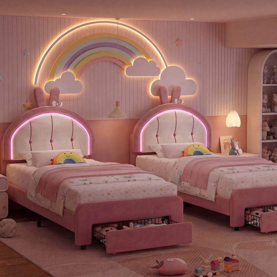 Rosahqnda Polsterbett für Kinder in Rosa mit Samtbezug, Kaninchen-Design, verstellbarem Kopfteil und LED-Beleuchtung, B/T/H: 90 x 200 cm - Bild 2