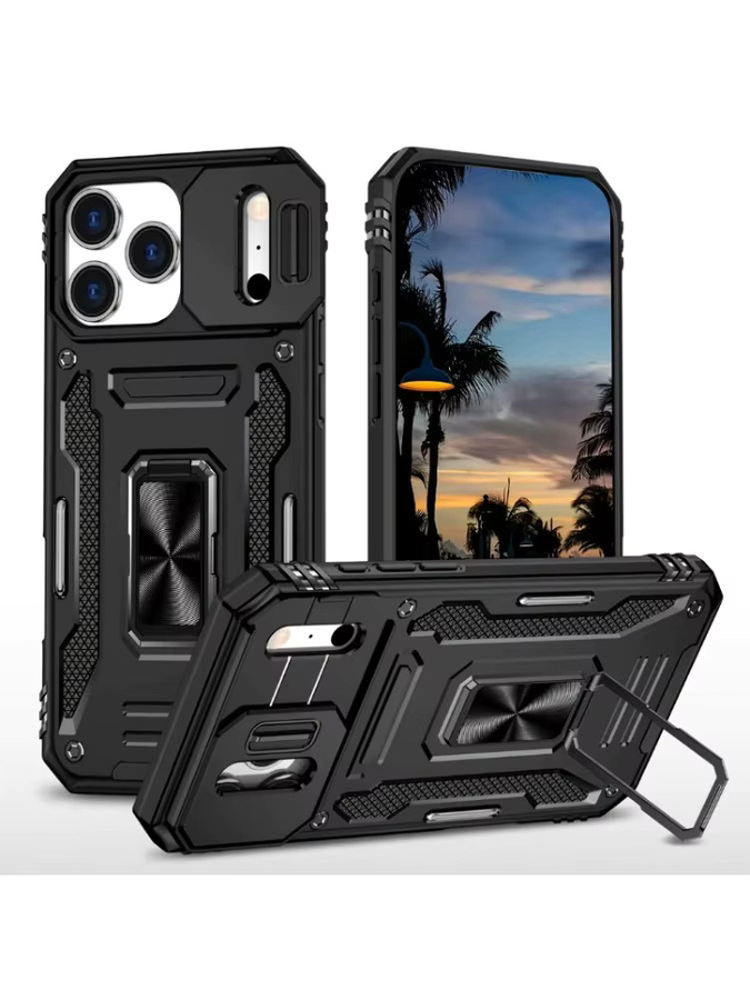 Jinitaimeik Magnetische Handyhülle für iPhone mit 360 Grad drehbarem Ständer und Schiebe-Kameraschutz in Schwarz - Bild 4
