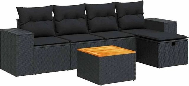 vidaXL 6-teilige Garten-Sofagarnitur aus Poly-Rattan und Akazienholz in Schwarz mit Kissen - Bild 1