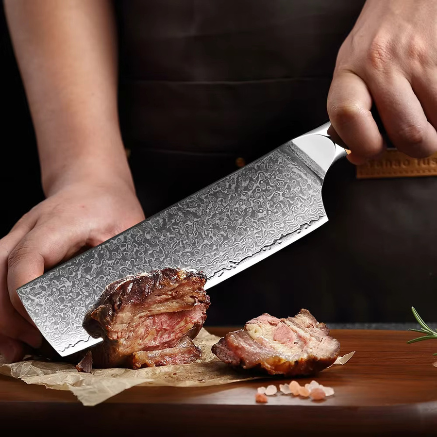 XITUO Japanisches Nakiri-Messer aus Damaszener Stahl mit schwarzem Griff aus stabilisiertem Harzholz, 17,78 cm - Bild 6