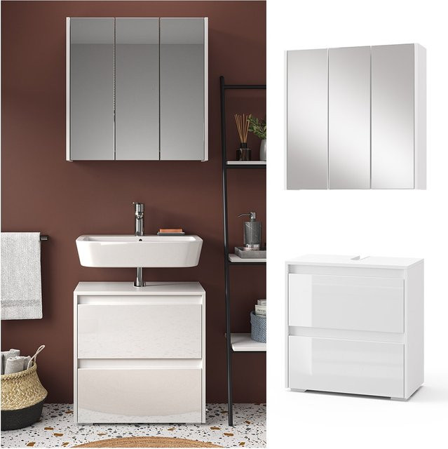 Vicco Badmöbel-Set Majest in Weiß Hochglanz, modernes 2-teiliges Badezimmer-Set bestehend aus Spiegelschrank und Waschbeckenunterschrank - Bild 1