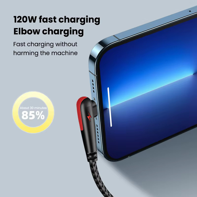 USB-C-Ladekabel mit 120W Schnellladefunktion und 90-Grad-Winkel in Schwarz - Bild 3