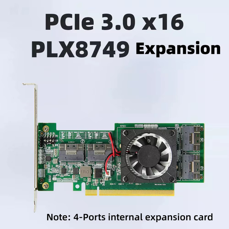 ADT-Link PLX PCIe 3.0 Erweiterungskarte mit PLX8749 Chip und 4 SFF-8654 X8 Schnittstellen für NVMe M.2 SSD und U.2 Festplatten - Bild 2