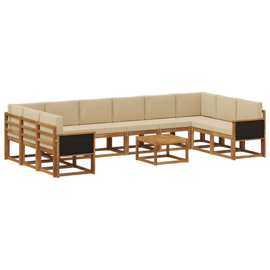 vidaXL Outdoor-Sofagarnitur aus Massivholz Akazie in Natur und Beige, 11-teiliges L-Shape Set mit Polstern und Armlehnen - Bild 2