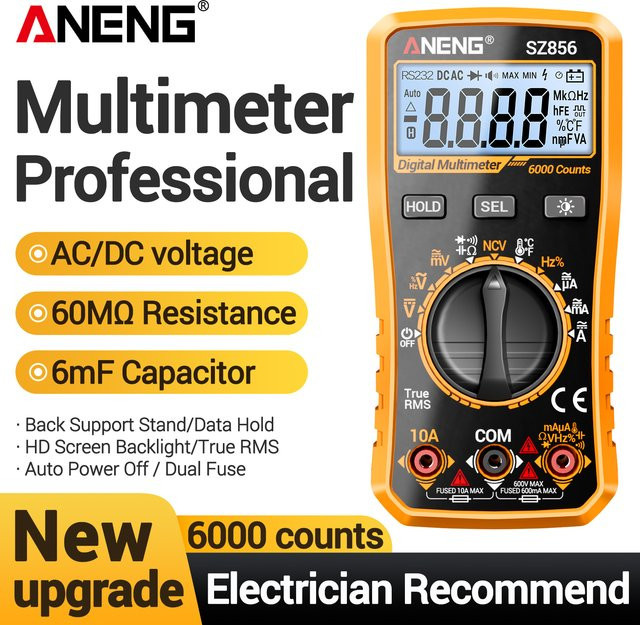 ANENG SZ856 Digitales Multimeter mit 6000 Anzeigen in Gelb für AC/DC Spannung, Strom, Widerstand, Kapazität, Frequenz, Temperatur und NCV Durchgangsprüfung mit Summer - Bild 1