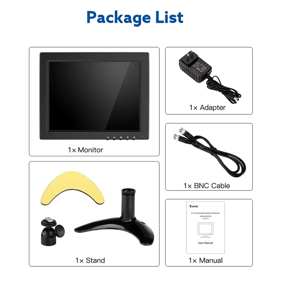 Eyoyo 10 Zoll Desktop-Monitor HD 1024x768 LCD-Display mit HDMI, VGA, BNC und AV-Anschluss in Schwarz für Videoüberwachung - Bild 8
