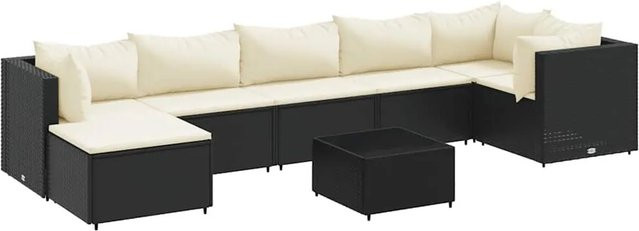vidaXL 8-tlg Garten-Lounge-Set in L-Form aus Poly-Rattan und pulverbeschichtetem Stahl mit Kissen in Schwarz-Creme - Bild 1