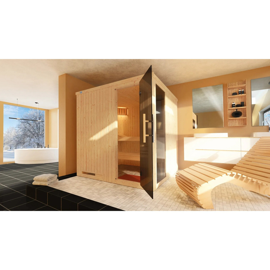 WEKA Elementsauna Halmstad mit 2 Sparset 7,5 kW OS Glastür und Fenster in Braun, B/H/T: 194 x 199 x 177 cm - Bild 2