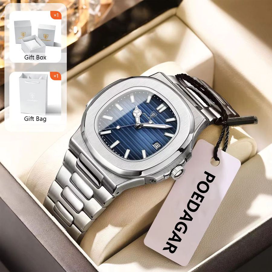 POEDAGAR Armbanduhr Quarz, Edelstahl, Blau, Schwarz, Herren, Datum - Bild 2