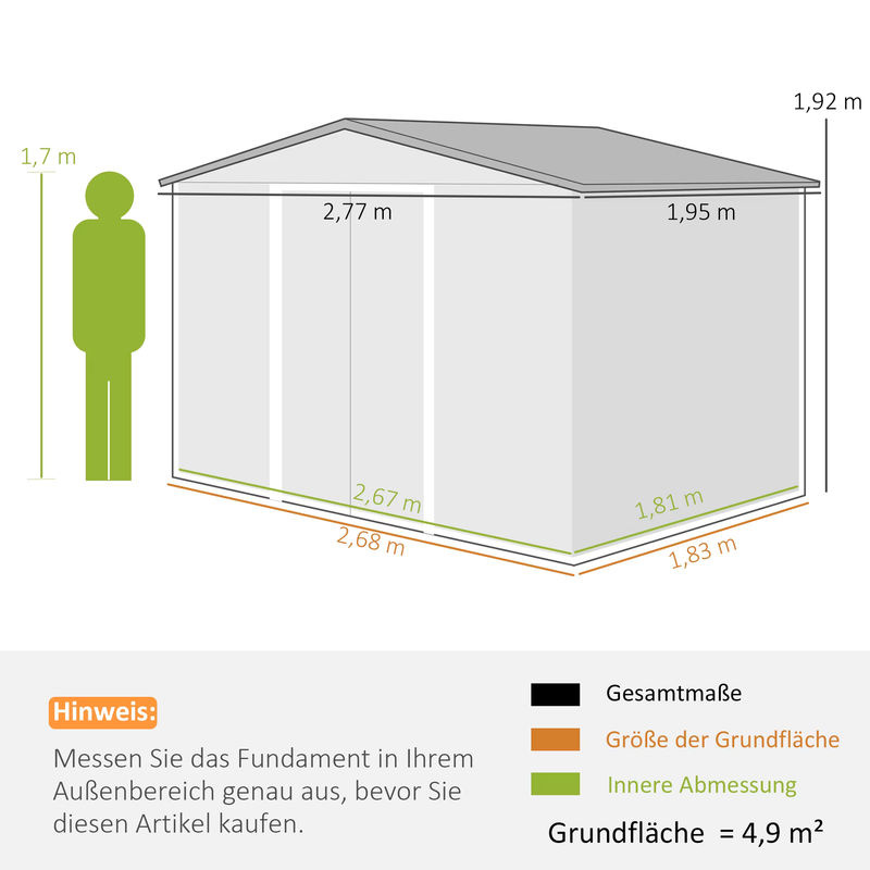 Outsunny Metall Gerätehaus Gartenhaus mit Fundament, wetterfest, Grau, B/T/H: 277 x 195 x 192 cm - Bild 5