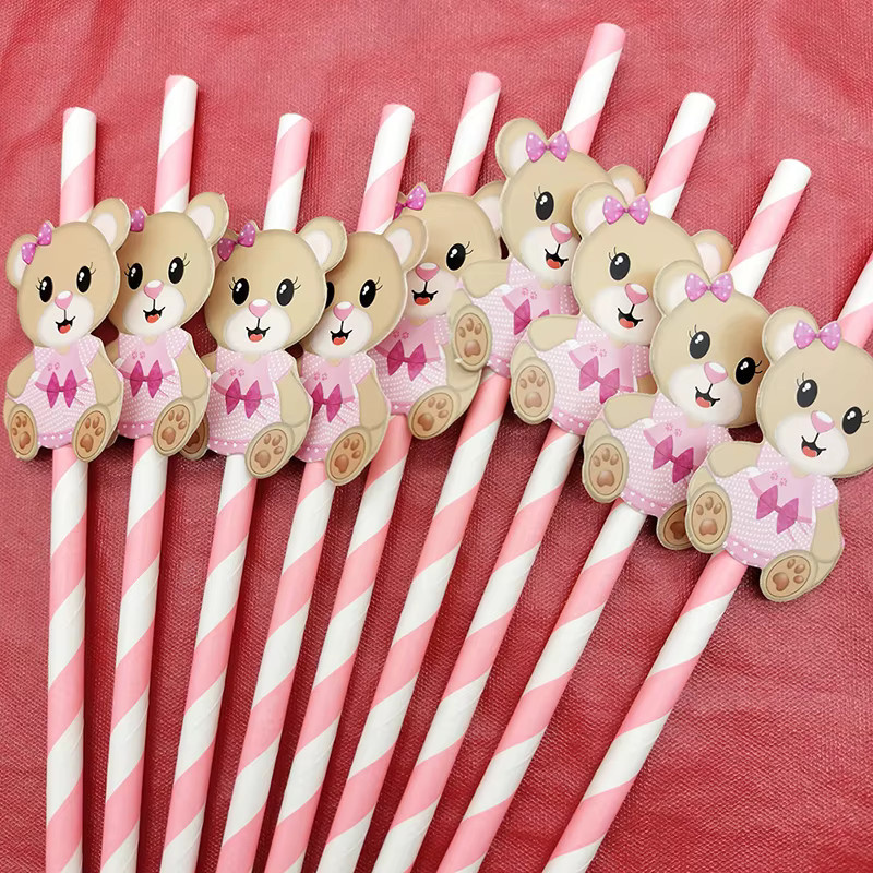 10 Stück Einweg Trinkhalme aus Papier mit Braunbär-Motiv für Kindergeburtstage und Babypartys - Bild 2
