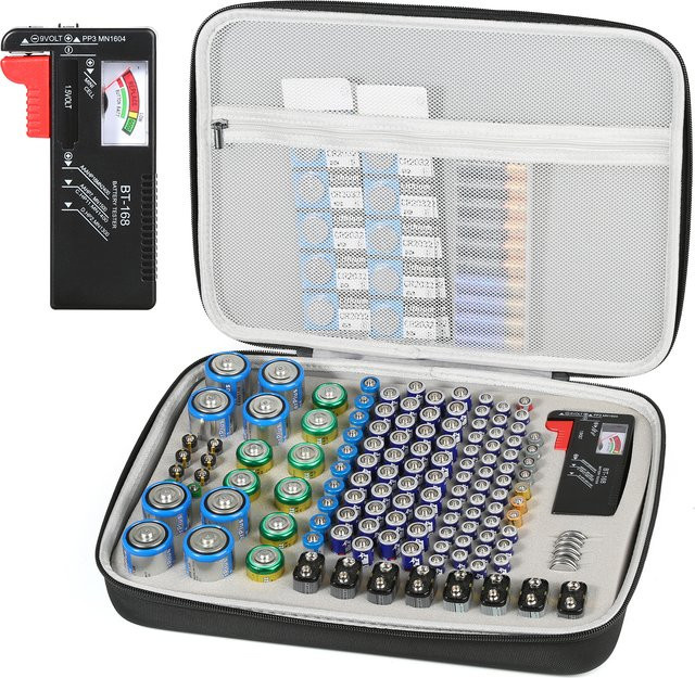 Batterie-Organizer Aufbewahrungsbox von lousxy mit integriertem Batterietester für über 140 Batterien wie AA, AAA, AAAA, 9V, C, D, Lithium und LR44 - Bild 1