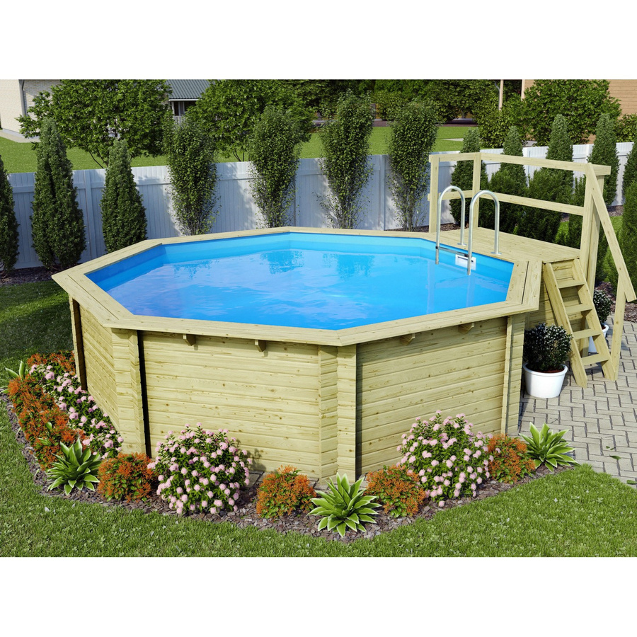 Karibu Achteck Aufstellpool Set mit Sonnenterrasse, Filteranlage und Skimmer, Blau/Grau, B/T/H: 470 x 470 x 111 cm - Bild 2