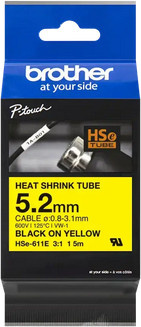 Brother HSe-611E Schrumpfschlauch-Band Schwarz auf Gelb, 1 Kassette, Durchmesser: 0,52 cm, Länge: 1,5 m, passend für P-Touch PT-D800W, PT-E300, PT-E300VP, PT-E550WVP, PT-P700, PT-P750W, PT-P900W, PT-P950NW - Bild 1