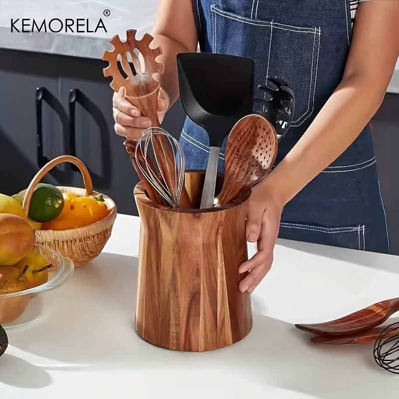 KEMORELA 360-Grad drehbarer Utensilienhalter aus Holz in Braun – Platzsparender Arbeitsplatten-Organizer für Löffel, Spatel und Schöpfkellen - Bild 3